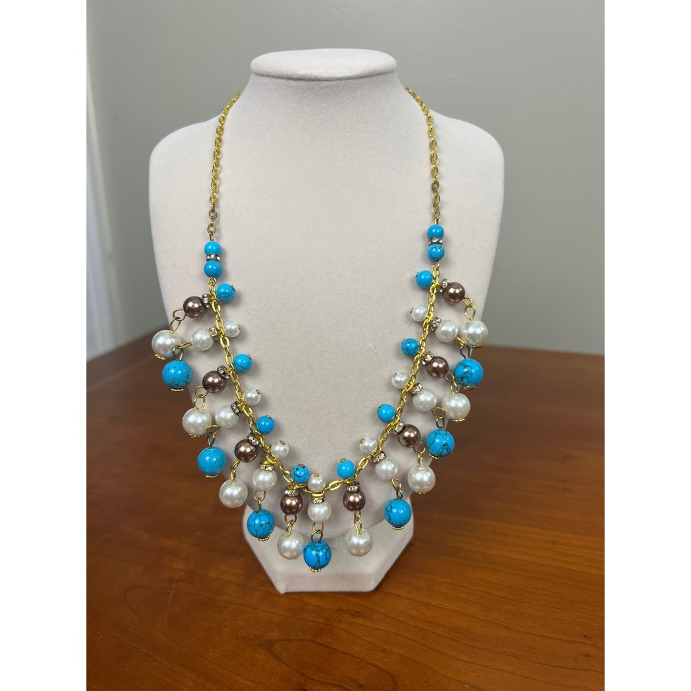 Turquoise Faux Pearl Gold Tone Statement Bib Necklace Multi Strand Boho Beaded